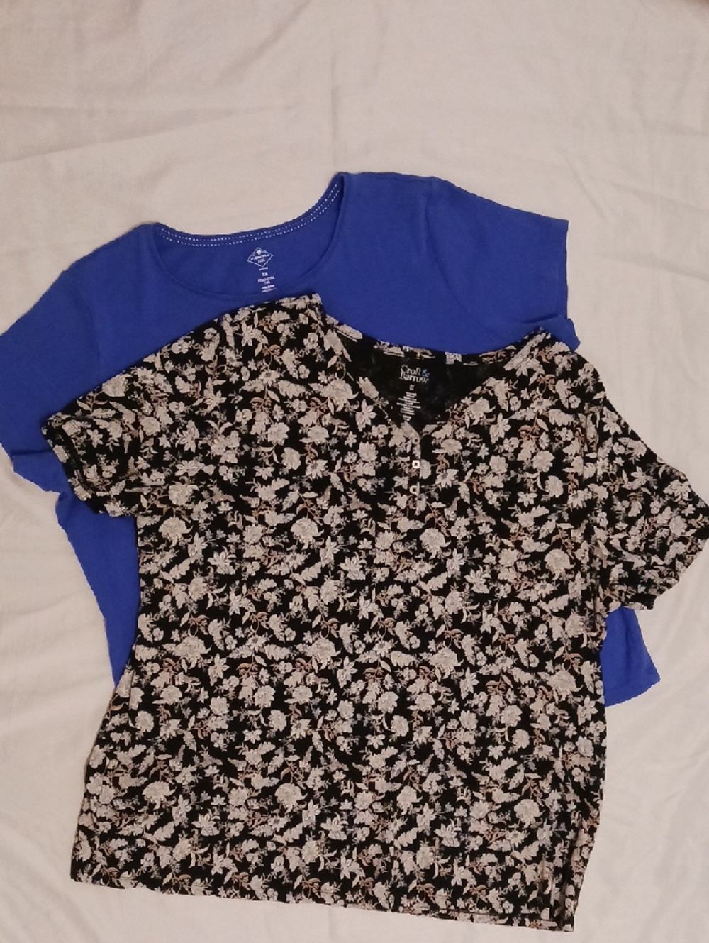 Set Of 2 Women's Shortsleeved Shirts. One Royal Blue, One Black/white.